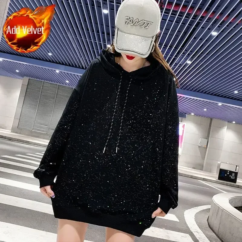 Tops Loose Baggy Pullovers Hoodies Sweatshirts for Women Rhinestone Long Hooded Sequin Glitter Female Clothes Basic New In Xxl E