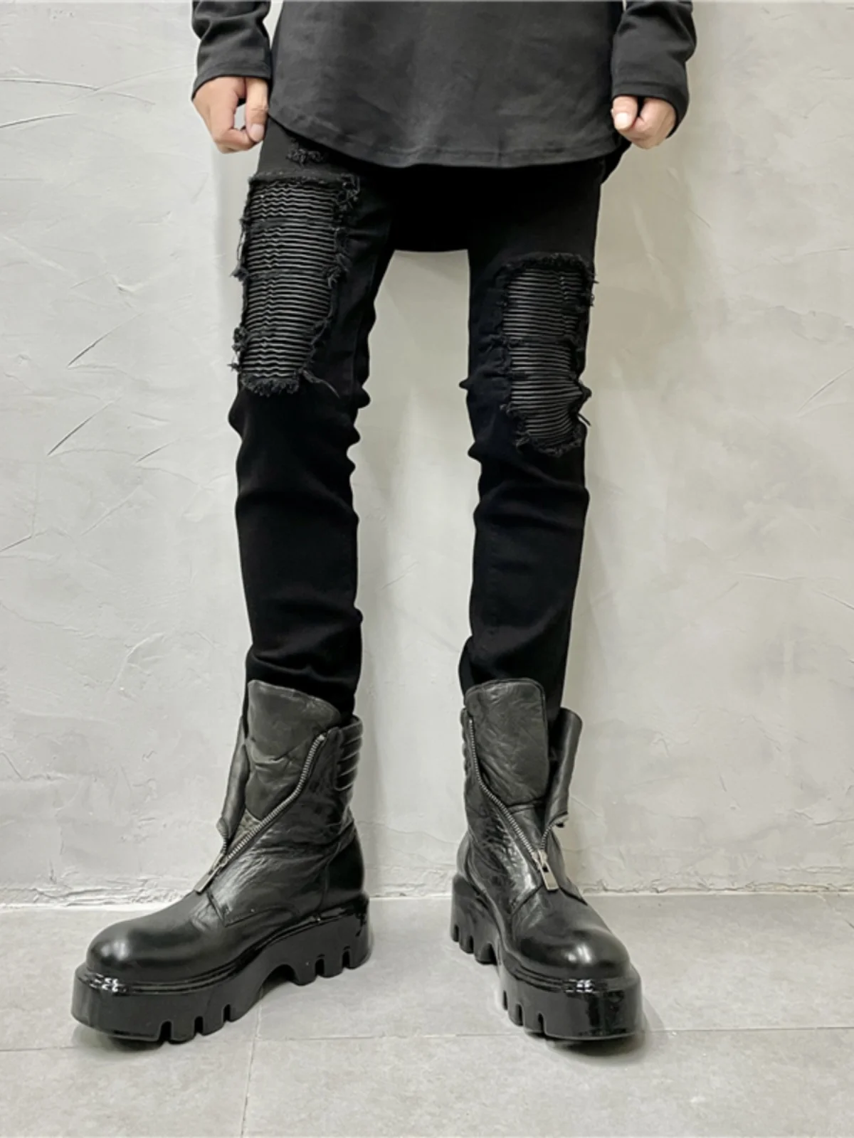 

American Style Trend Washed Stretch Slim Fit Skinny Jeans Fashion Design Pants Personality Leather Patchwork Close-Fitting Boot