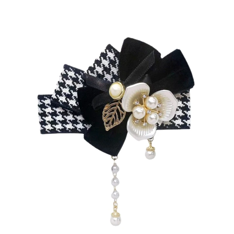 

Fabric Velvet Houndstooth Bow Hair Tie Hairpin with Rhinestone Tassel Back Spring Clip Korean Fashion New Barette Cheveux Femme