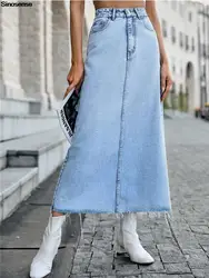 Women's Retro Button-Fly Packaged Hip A-Line Maxi Long Denim Skirt Ins Streetwear Night Club High Waisted Skirts Blue Jean Skirt