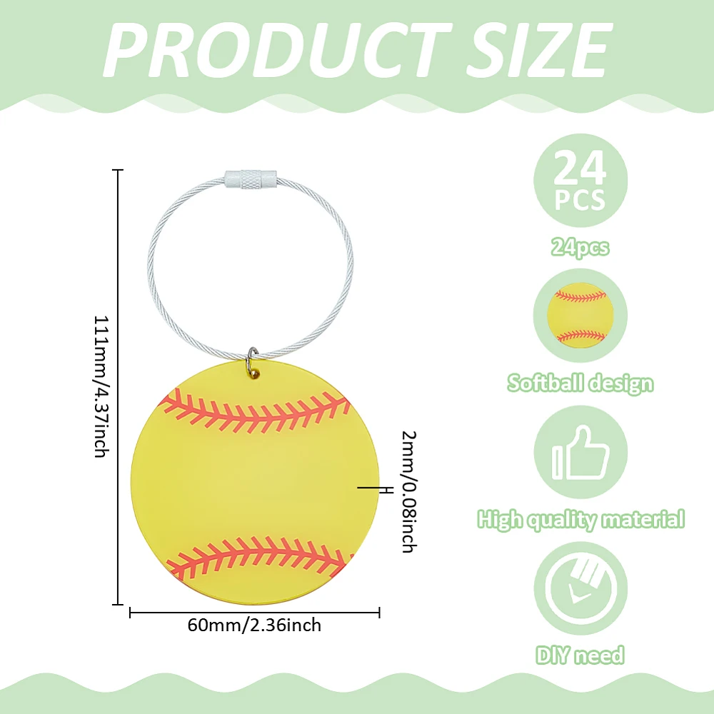 24Pcs Softball Luggage Tags Arcylic Suitcase Labels 65mm with Stainless Steel Ring Backpack Charms Pendants Name ID Card Pocket