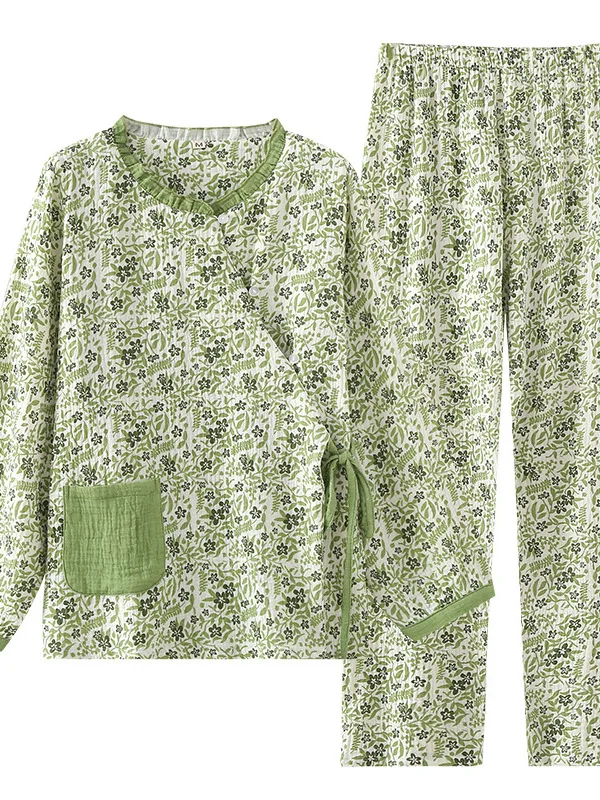 New Summer Muslin Pajamas For Women Long-sleeved V-neck Sleepwear Floral Sweet Kimono Cotton And Hemp Pajama