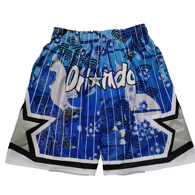 Basketball shorts Orlando flower Four pockets Sewing embroidery Outdoor sports Beach pants high quality Blue 2024