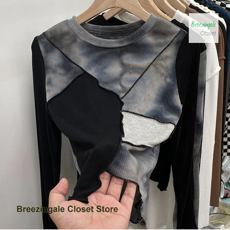 

American retro stitching smudge short blouse women's autumn and winter new fashion high-end design niche long-sleeved T-shirt