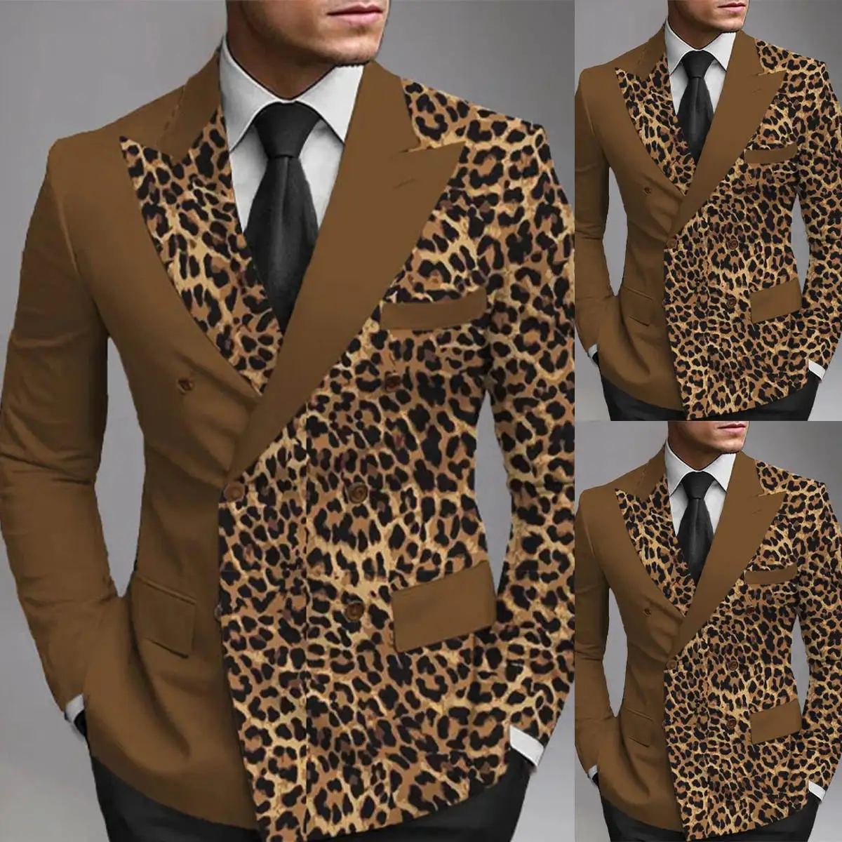 Leopard Print Mens Wedding Tuxedos Custom Made Groom Wear Peaked Lapel Prom Male Birthday Party Jacket Black Pants Suits