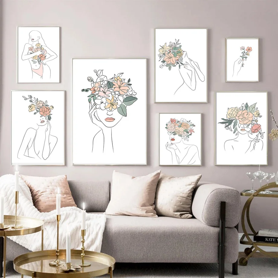 

Minimalist Line Art Floral Girl Body Illustration Unframed Canvas Painting Posters For Living Room Bedroom Home Wall Art Decor
