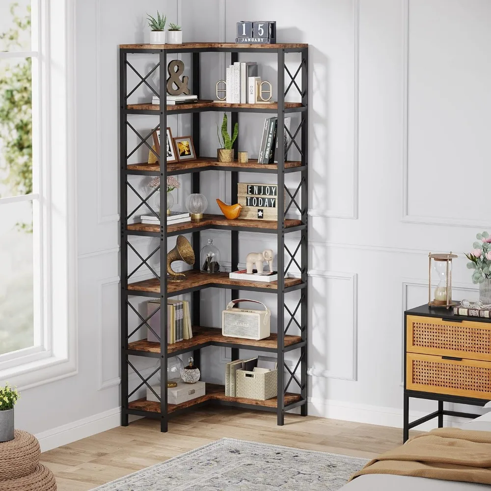 7-Shelf Corner Bookshelf,Large Modern Corner Bookcase, 7-Tier Tall Corner Shelf Storage Display Rack