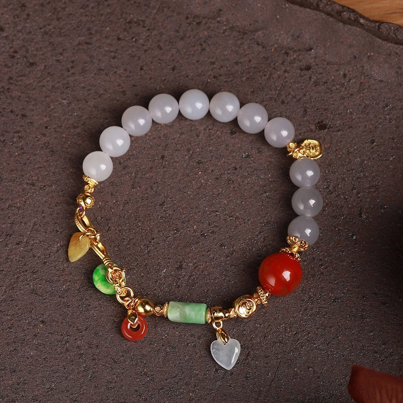 Natural Hetian Jade Smoky Purple Sterling Silver Bracelet Nanhong Agate A-Grade Jade 8mm Silver-Gold Plated Bracelet