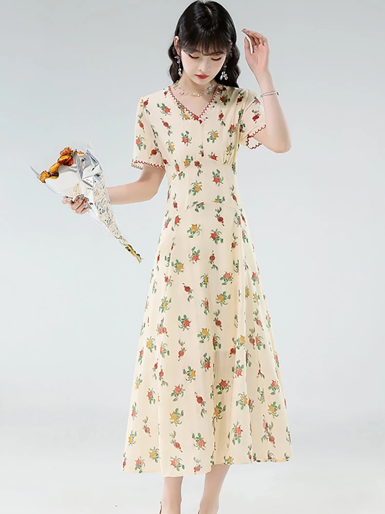 Damska Niebieska Sukienka Letnia w Kwiaty z Krótkim Rękawem, Dekolt V, Elegancka, Codzienna Sukienka w Stylu Boho, Rozkloszowana Sukienka A-Line, Nowa Koreańska Sukienka Bodycon Jednoczęściowa 2025