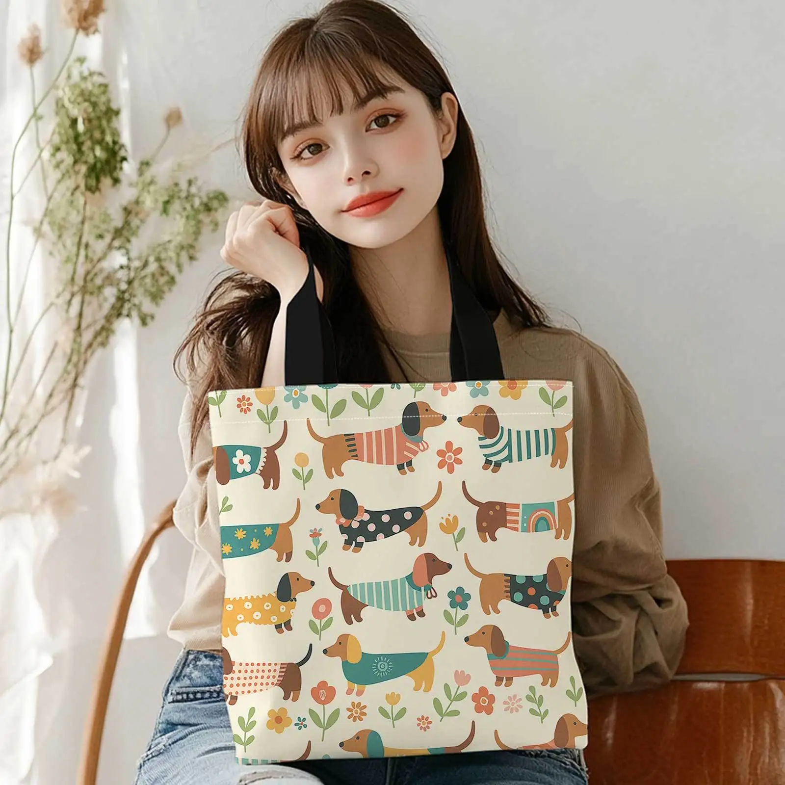 A Shopping Tote Bag with Prints on Both Sides Featuring Dachshunds, Vibrant Patterns, And a Floral Backdrop. This Lightweight, F view 5