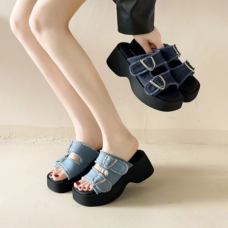 Women's Shoes 35-40 Platform Denim Slippers New Street Trend High Heels Outdoor Sandals High Quality Comfortable Casual Shoes