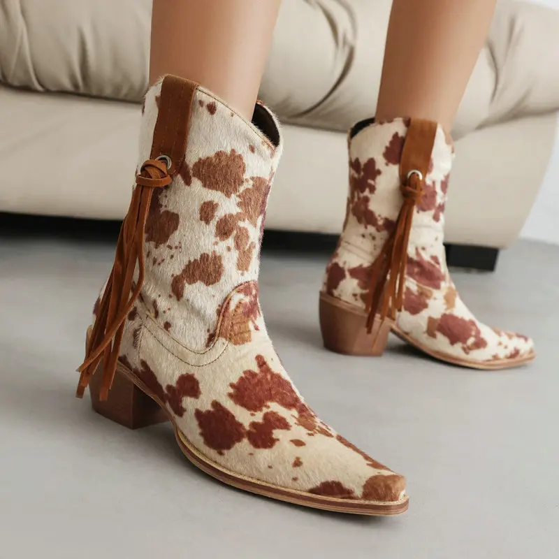 Faux Fur Flannel Western Leopard Cowboy Botines Pointed Toe Chunky Heels Women Winter Shoes Ankle Cowboy Boots With Fringes