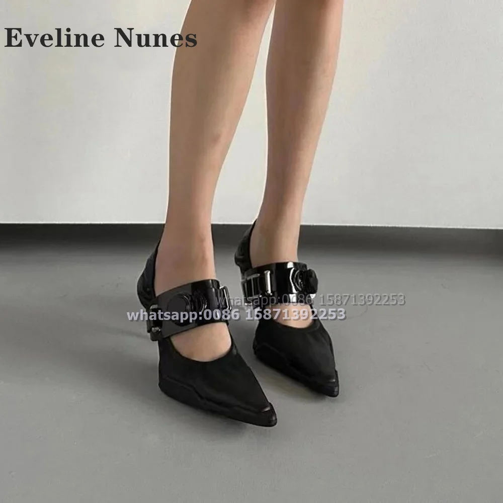 Metal Decoration Strange Style Pumps Sexy Punk Luxury Shoes 2024  Pointed Toe Shallow Buckle Strap Solid Patchwork Women Heels