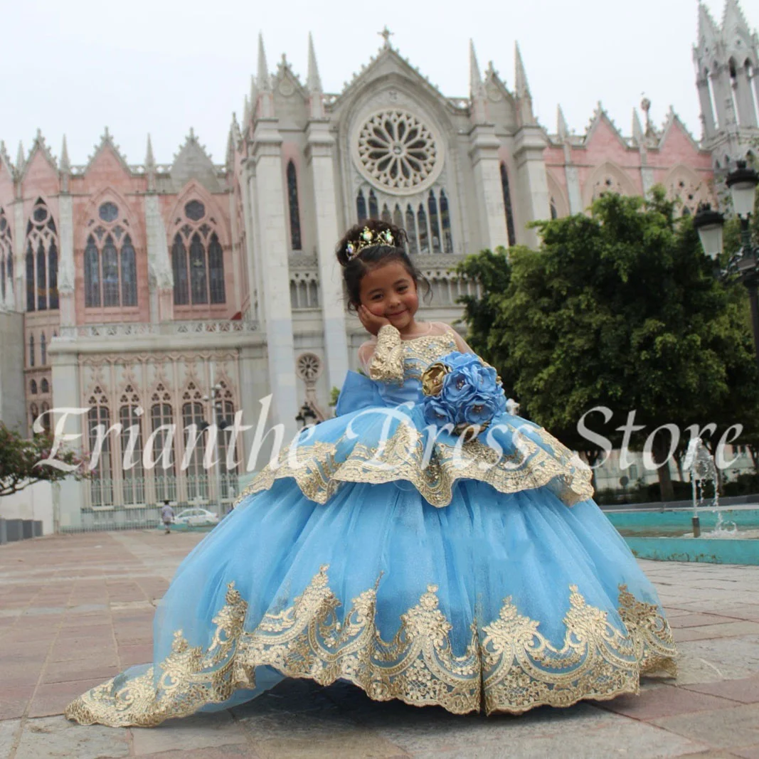 

Blue Flower Girl Dress For Wedding Tulle Puffy Lace Applique Elegant Kids Birthday Party First Communion Ball Gowns Customized