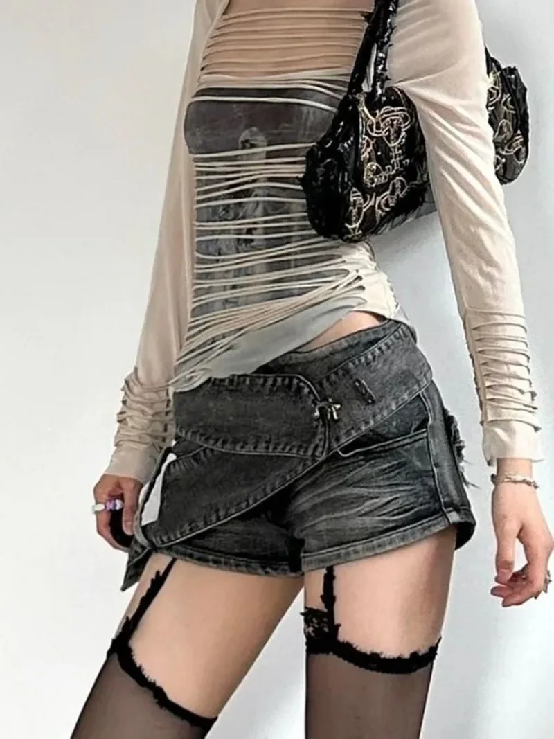 Short en jean gothique noir pour femme, Streetwear Y2K, Mini pantalon Harajuku, Short en jean vintage, Vêtements surdimensionnés des années 2000, Été 2024