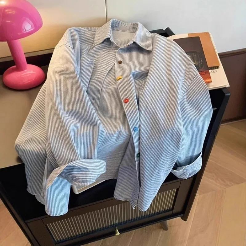 New Vintage Striped Loose Shirt Fashion Women Blouses Collared Shirt for Women Spring Long Sleeved Top Leisure Women Clothing