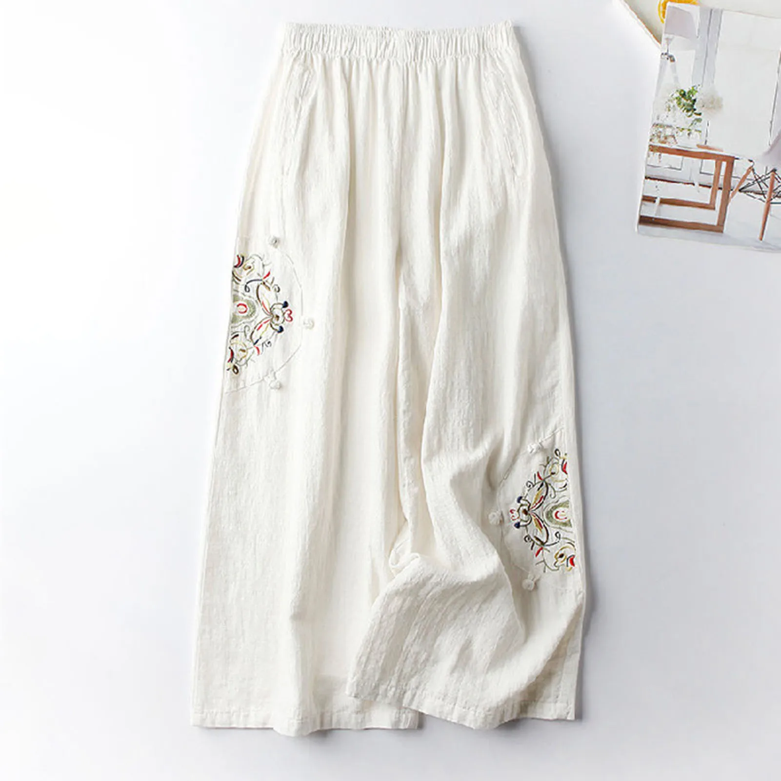 Women's Linen Blend Pants Loose Fit Straight Wide Leg  Pants Trousers for Summer Hot Days Travel