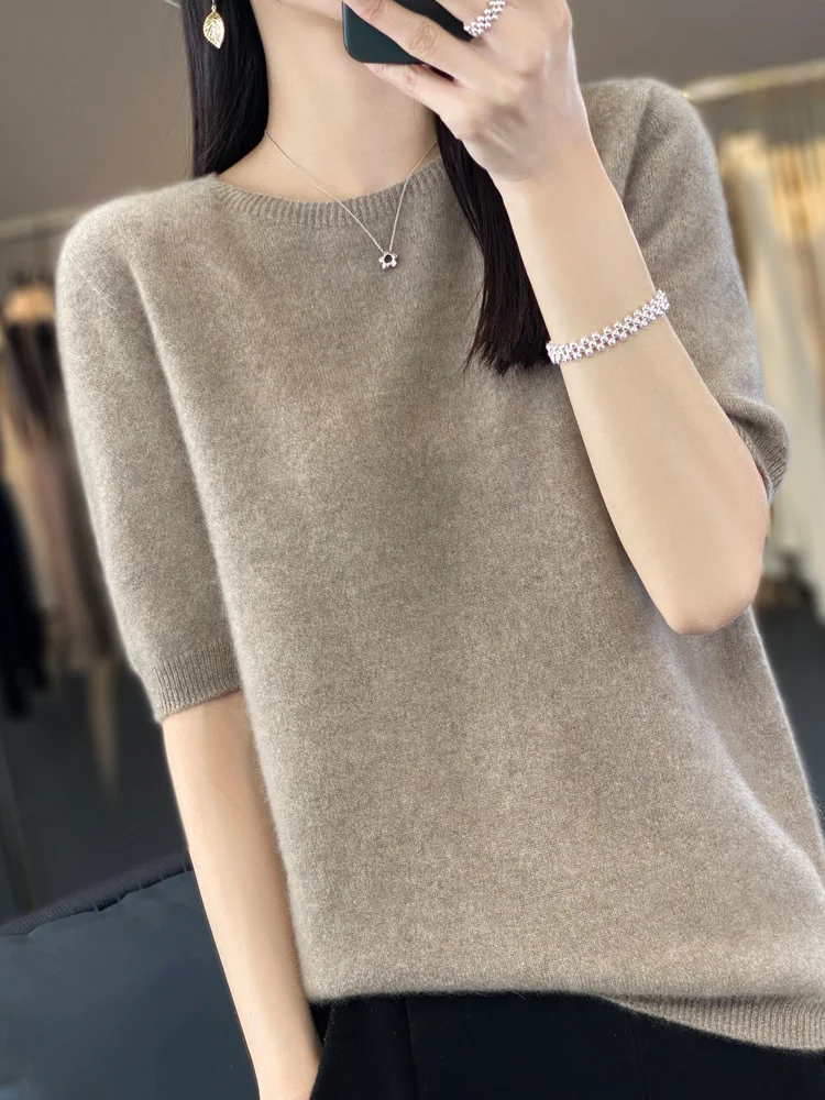 Half Sleeve Cashmere Women Knitted Sweaters 100% Pure Merino Wool Spring Fashion O-Neck Top  Pullover Non-Connect One Line