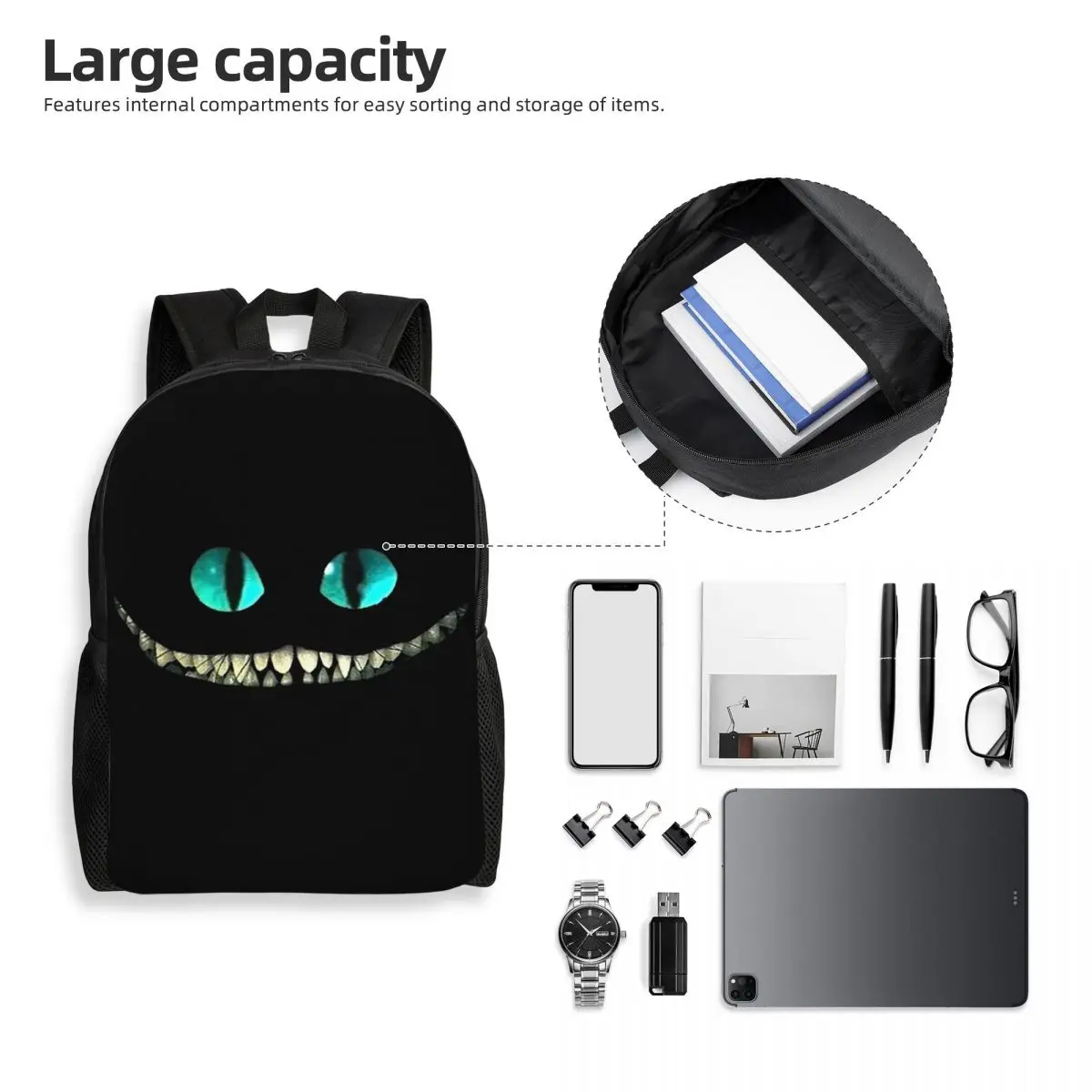 Zaini personalizzati Cheshire Cat Face per ragazzi Alice nel paese delle meraviglie School College borse da viaggio uomo donna Bookbag adatto a