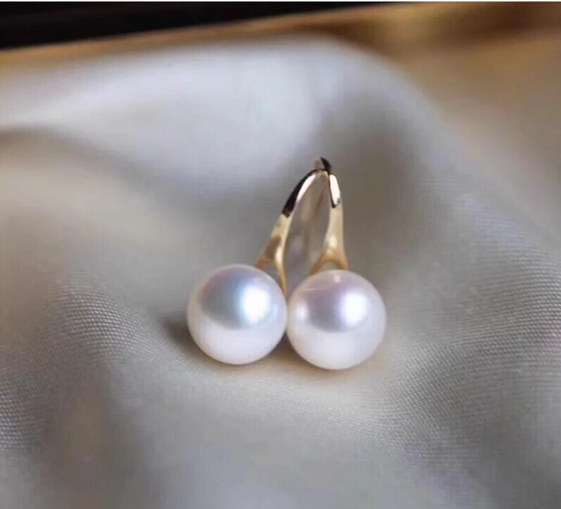 Pure 18K gold high heels, earrings, pearls white akoya pearl AAA 9+-10MM round strong  pearl earrings 18K AU750