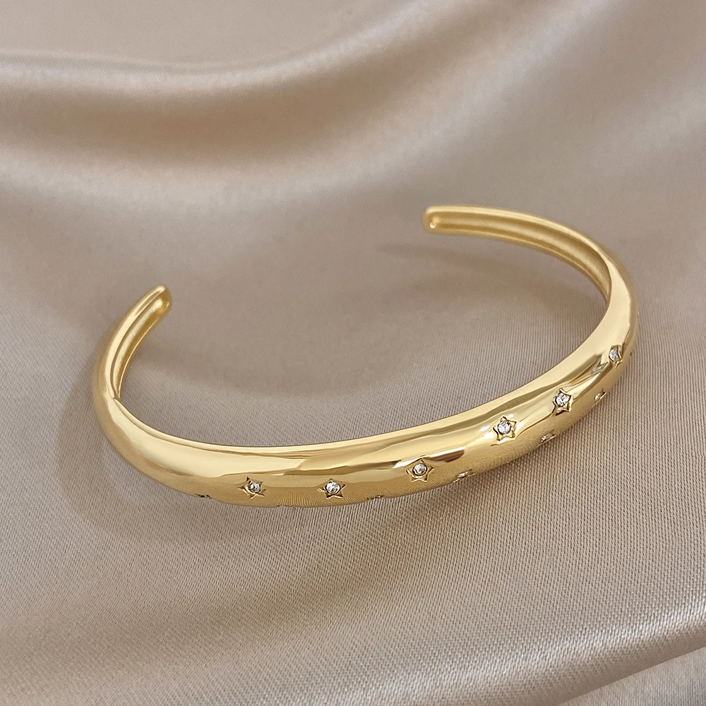 

Minimalist Irregular Pentagram Stainless Steel Bangle for Women Smooth Waterproof Gold Plated Open Bracelet Daily Jewelry Gift