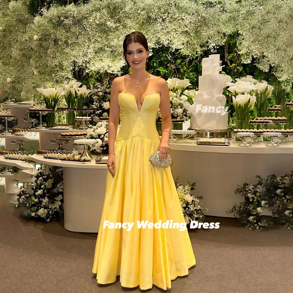 화려한 섹시한 딥 브이넥 옐로우 이브닝 드레스 A라인 부드러운 새틴 프롬 가운 민소매 백 코르셋 맞춤 제작