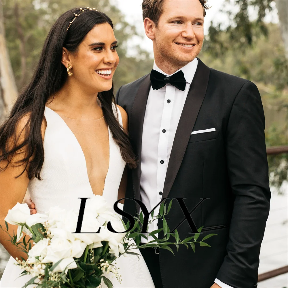 LSYX vestido de novia sencillo de satén con cuello en V profundo, sin mangas, con lazo y cremallera en la espalda, largo hasta el suelo, hecho a medida