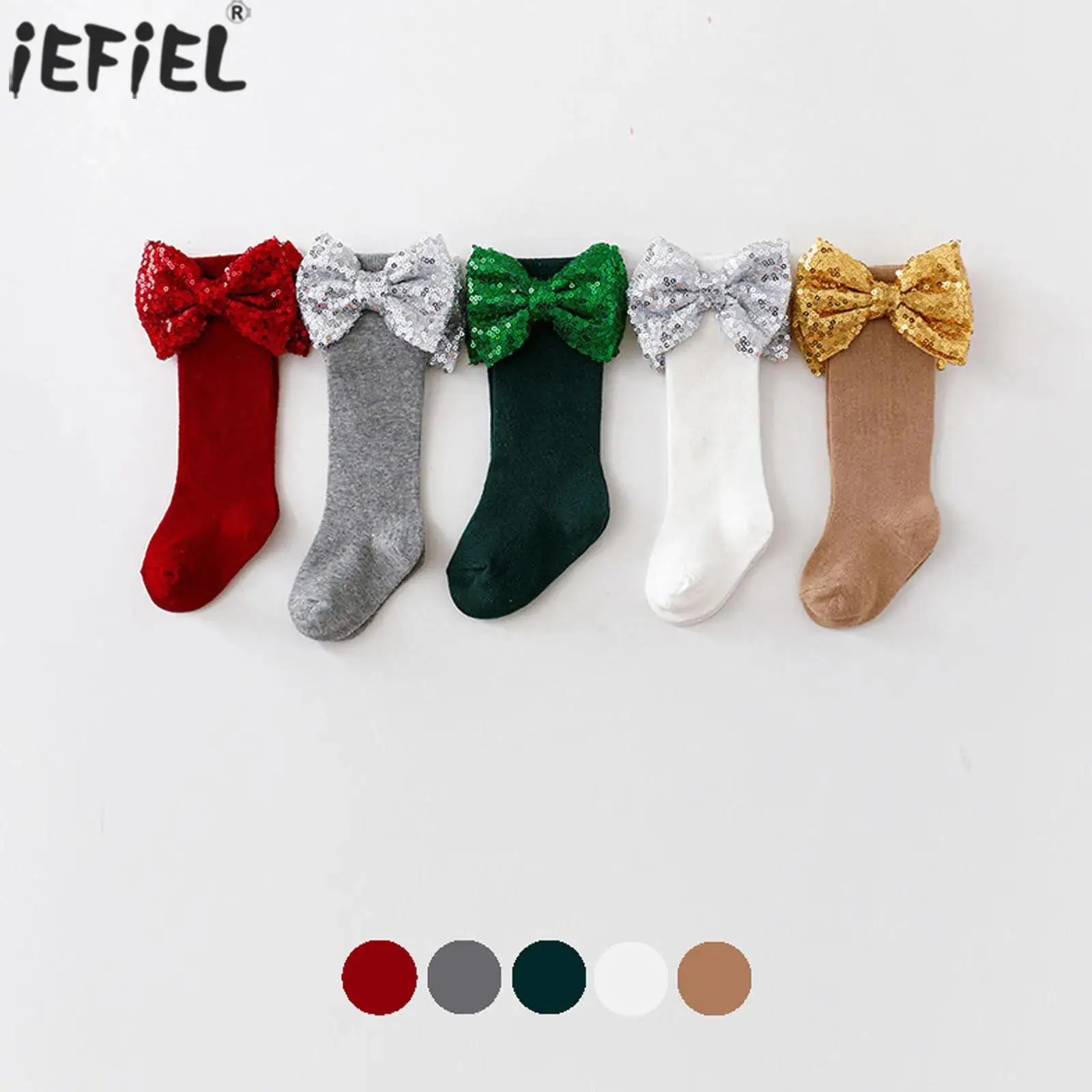

Baby Girls Shiny Sequin Big Bow Stockings Autumn Toddler Stretchy Over-The-Knee Socks Kids Christmas Birthday Party Long Socks