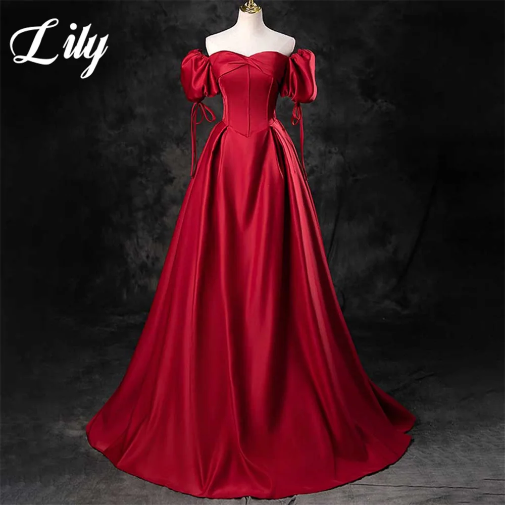 

Lily Simple Red Evening Dress A-Line Ruched Sweetheart Night Dress with Pleats Satin Off The Shoulder Prom Dress robes de soirée