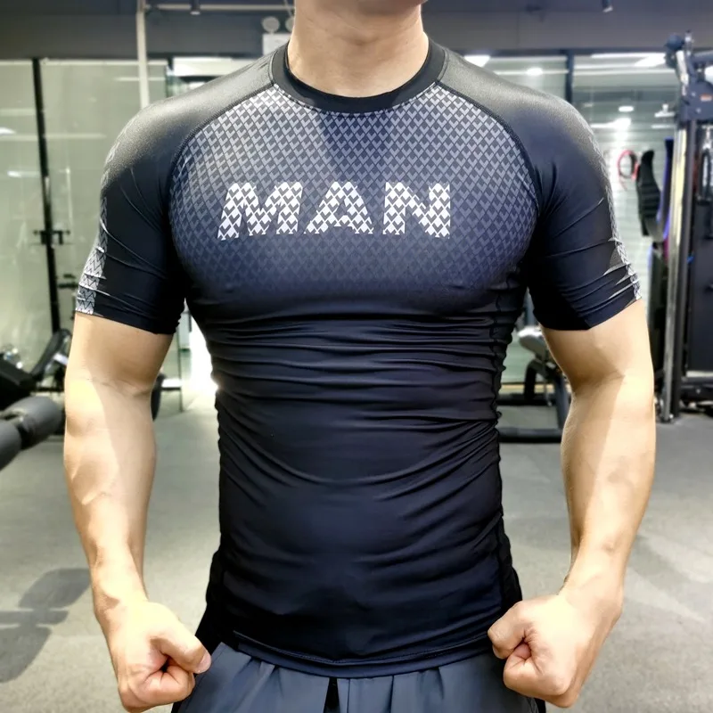 Men Summer Gym Fitness Short Sleeves Quick Drying Breathable Sweat Absorbing High Elasticity Training Running Top Coach Clothes