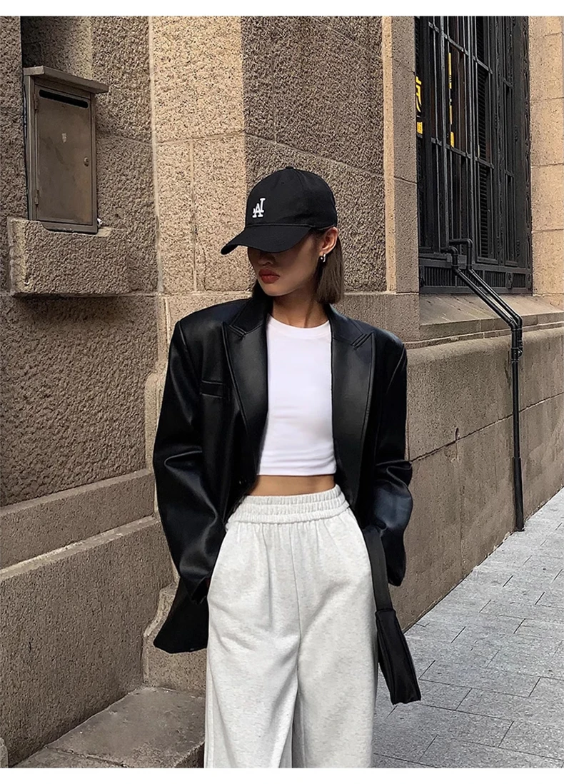 Lautaro Autumn Black Brown Soft  Pu Leather Blazer Women Shoulder Pads Long Sleeve Single Breasted Loose Casual Korean Fashion