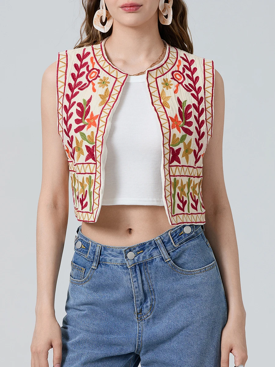 

Women Embroidery Flower Vest Summer Vintage Sleeveless Open Front Outwear Gilet Female Spring Casual Cardigan for Streetwear