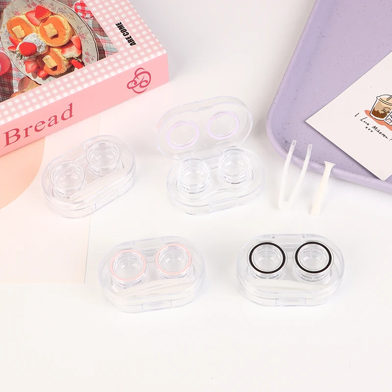 Mini Plastic Contact Lens Cases With Tweezers Remover Tools Oval Transparent Outdoor Portable Eye Contacts Box For Travel Home