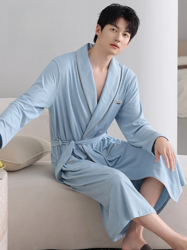 men's-long-sleeve-sleeprobe-pure-cotton-mid-length-large-size-bathrobe-kimono-style-spring-autumn-comfortable-home-clothes