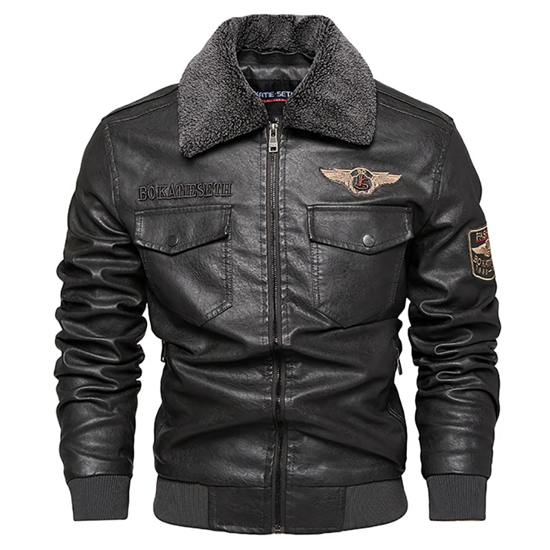 Winter Men's PU Leather Jackets Fashion Man Embroidery Streetwear Motorcycle Biker Coats Man Fur Collar Moto Faux Leather Jacket