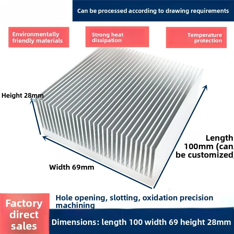Aluminum Alloy Profile Radiator with Dense Fins, High-Power Heatsink, Electronic Amplifier Aluminum Heatsink 69×28×100MM