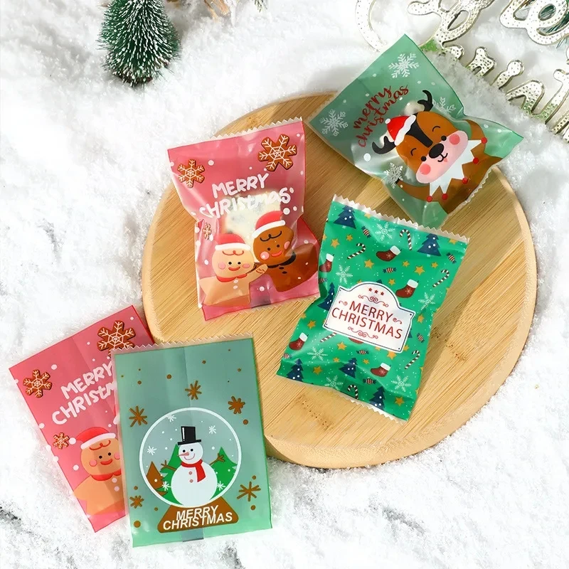 100pcs Christmas Candy Cookie Hot Seal Bags Handmade Nougat Baking Packaging Pounches Christmas Decorations 2024 New Year Gift