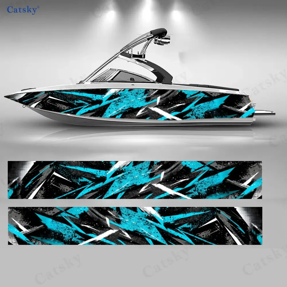 Cyan-Blue Sharp Edge Graffiti Boat Stickers, PVC Waterproof Vinyl Wrap Decals for Fishing Boats, Durable and Stylish Design
