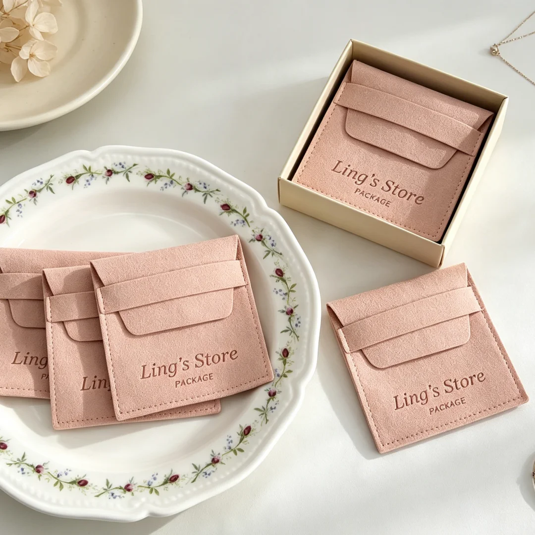 

50Pcs Custom logo Nude Pink Earring Ring Necklace Bracelet Microfiber Jewelry Gift Packaging Bag Envelope Jewellery Velvet Pouch