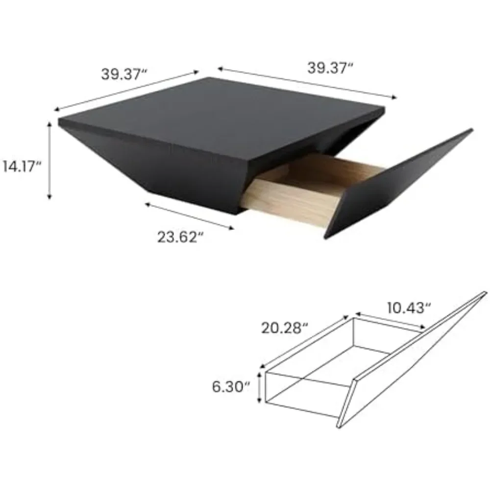 Square Coffee Table with Storage Space in Modern Living Room, Wooden Coffee Table with Drawers, 39.4 