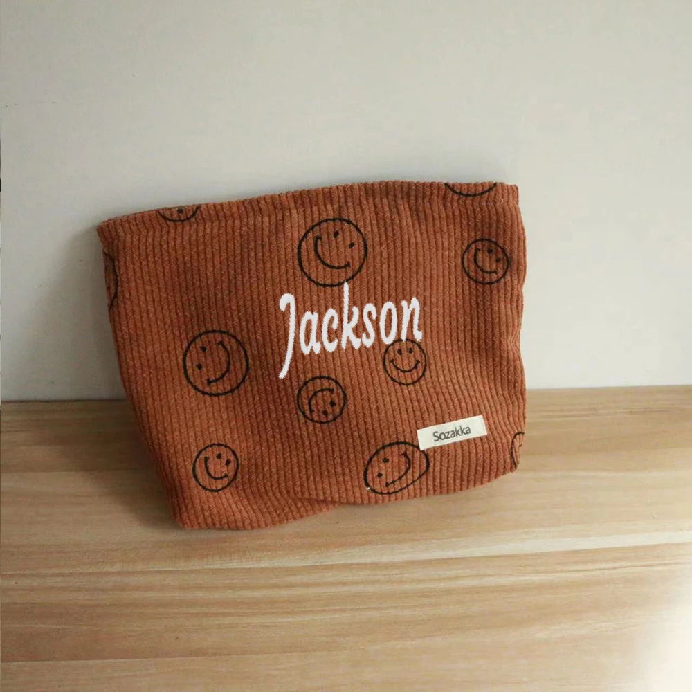 

Personalized Embroidery Portable Large Capacity Zero Wallet Storage Bag Makeup Bag Customized Retro Corduroy Smiley Face Bag