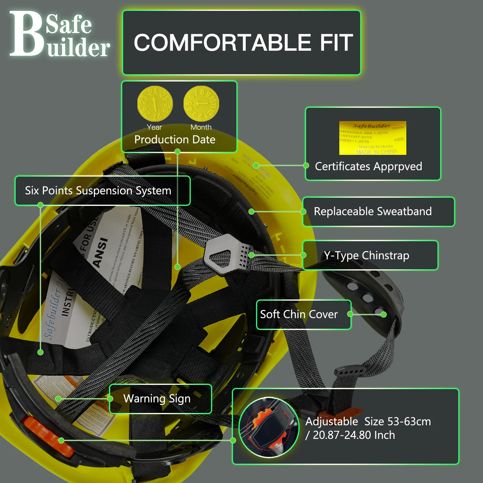 CE Construction Safety Helmet with Goggles Visor, High Quality ABS Hard Hat, Light ANSI Industrial Work Head Protection Rescue