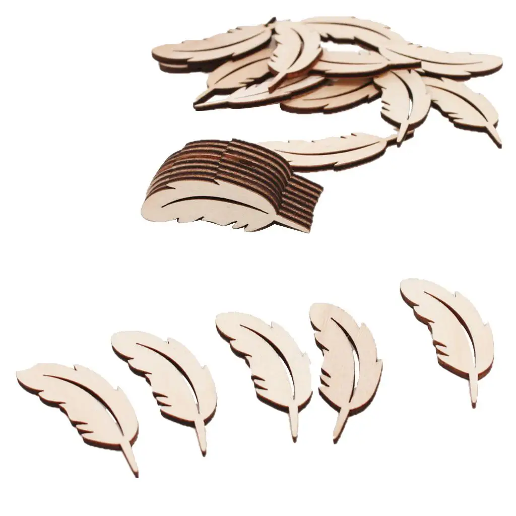 25 Pieces Feather Shape Unfinished Wood Shape Embellishment for Art Craft Decoration 50mm