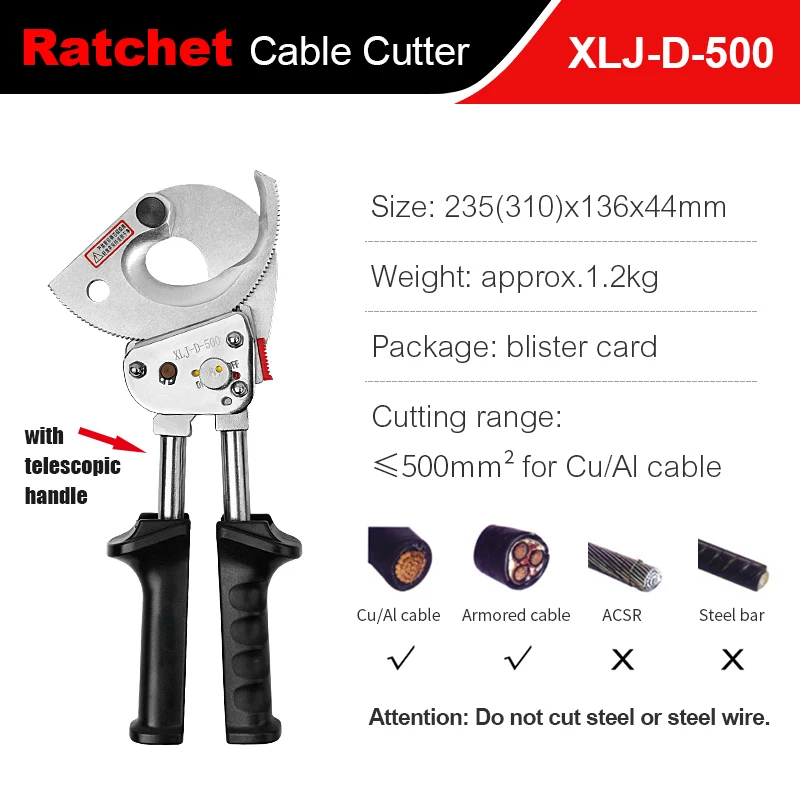 Ratchet Cable Cutter 500mm2 Aluminum/400mm2 Copper Ratcheting Wire Cutter Wire Cable Cutting for Copper & Aluminum Cable