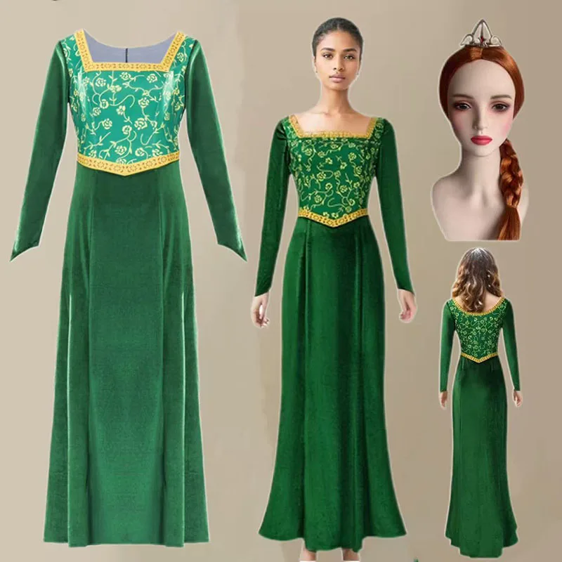 

Anime Monster Cos Costume Princess Fiona Medieval Green Dress With Wig Cosplay Halloween Stage Performance Outfit For Women Set