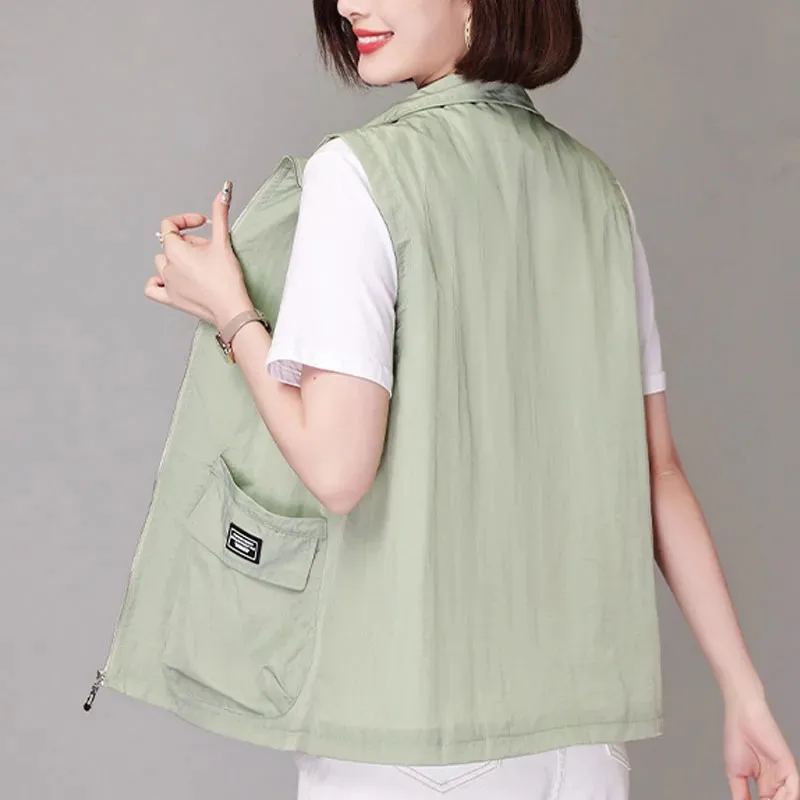 Light Breathable 2024 Summer New Vest Coat Female Fashion Western-Style Sun Protection Sleeveless Jacket Women Waistcoat Tops