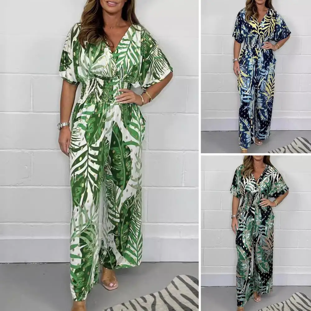 Wide-legged Jumpsuit Stylish Women's Floral Print Jumpsuits V-neck Romper High Waist Wide-leg Pants Outfits for Summer Beach