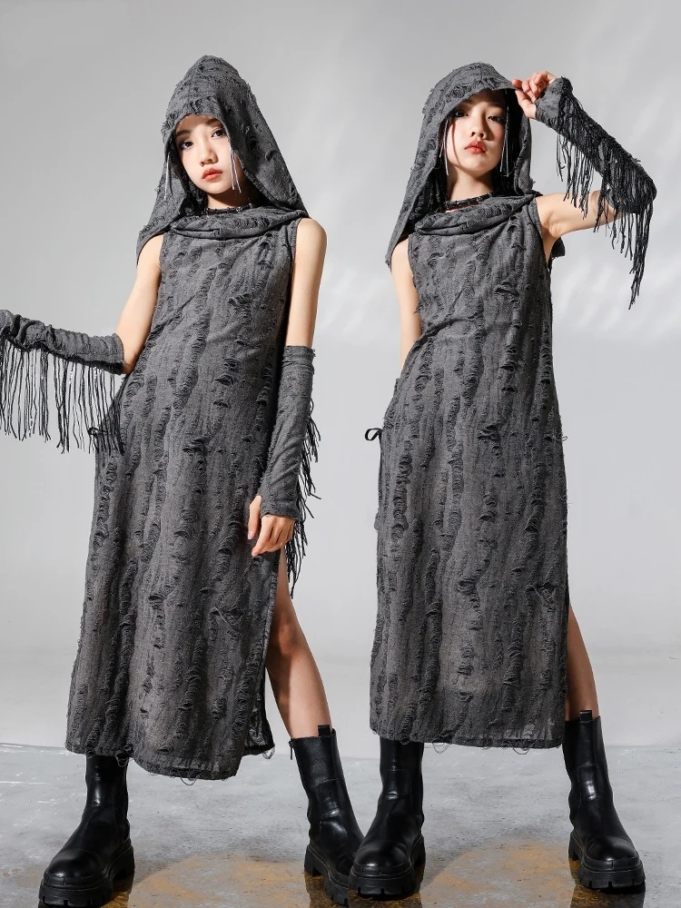 Dark Punk Style Girls Clothes Jazz Dance Costume Hole Vest Long Dress Fashion Music Festival Performance Clothing Stage BL13260