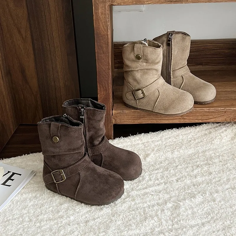 Kids Leather Boots Soild Color Versatile Baby Short Boots with Back Zipper 2026 Fashion Girls Casual Boots Round Toes Size 17-30