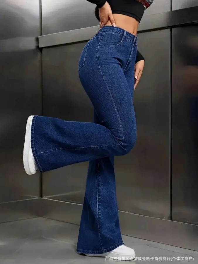 Women High Waist Flare Jeans Slim Fit Stretch Denim Pants Classic Blue Bell Bottom Trousers